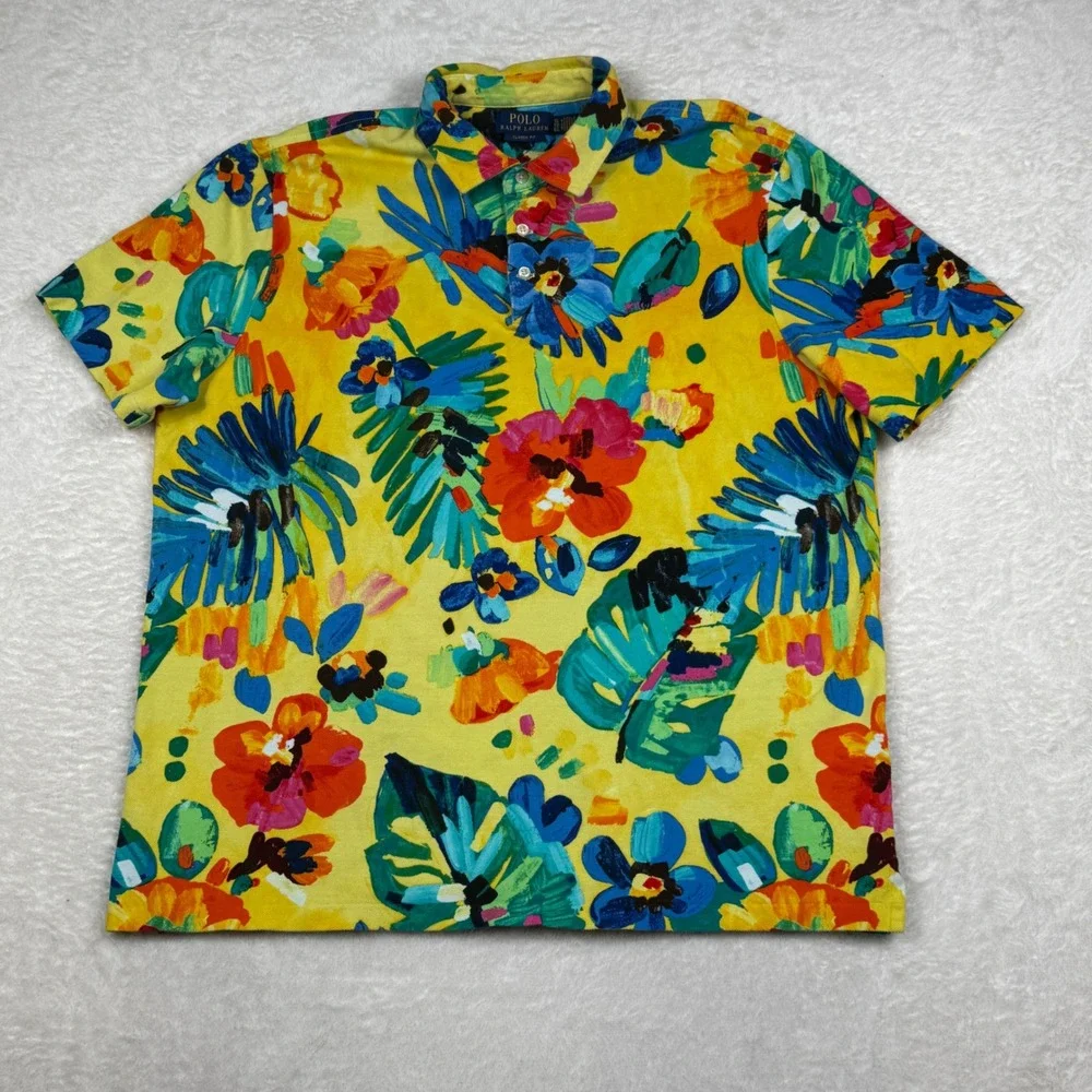 Polo Ralph Lauren XL Floral Polo Shirt Mens Yellow Tropical Trippy Psychedelic